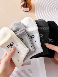 1/5 Pairs Women's Black White Grey Polka Dot Bow Ribbed Mid-Calf Socks, Breathable Comfortable, Sweet, Suitable For Daily Commute, Sweat-Absorbing Wear-Resistant Casual, Multi-Color Polka Dot Bow, Anti-Slip Wear-Resistant, Basic Style, Suitable For Date Party, Women's Socks, Easy To Match, Comfortable Fabric, Randomly Mixed - Multicolor - View 5