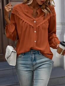 Plus Size Regular Length Long Sleeve Shirt Collar Backless Contrast Floral Lace Detail Top - Brown - View 3