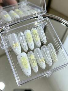Summer New 10pcs Handmade Long Pointed Press-On Nails, Soft Cream Yellow Gradient Fake Nails, Glitter Transparent Base, 3D Cream Bow, Large & Small Star Sequins & Tiny Flower Sequins Decoration, Includes Jelly Glue & Nail File - Follow Your Heart - View 2