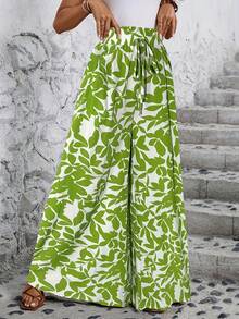Women's Wide Leg Trousers With Elastic Waist And Print - Green Flower - View 5