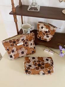 1件/組棕色提花刺繡女款女孩化妝包，便攜大容量拉鍊化妝收納袋，適合旅行與度假必需品，可收納衛生棉、鑰匙、髮飾、充電器、口紅、化妝品、香水、化妝刷，適用於護膚與美妝產品，適合女性、學生、女學生，生日禮物、朋友禮物、節日禮物 - 棕色 - 查看 1