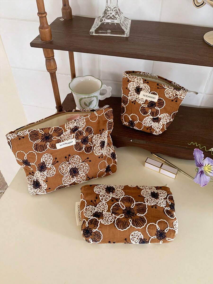 1件/組棕色提花刺繡女款女孩化妝包,便攜大容量拉鍊化妝收納袋,適合旅行與度假必需品,可收納衛生棉、鑰匙、髮飾、充電器、口紅、化妝品、香水、化妝刷,適用於護膚與美妝產品,適合女性、學生、女學生,生日禮物、朋友禮物、節日禮物 - 棕色 - 查看 1