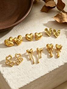 12 Pieces / 6 Pairs Of Heart-Shaped Series Gold Earrings. There Are Various Styles Such As Hammered Heart Shape, Smooth Three-Dimensional Shape, Pleated Heart Shape, Hollow Double Heart Shape, And Melting Heart Shape. - Stainless Steel Set - View 5