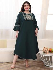 2026夏季/秋季大碼女款深綠色優雅重工刺繡阿拉伯長裙 JALABIYA，3/4袖，休閒度假穿搭 - 墨綠色 - 查看 5