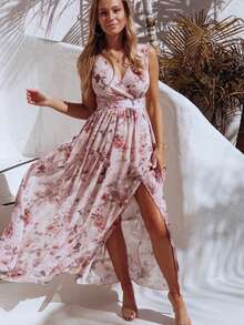 New Printed Dress, Sleeveless V-Neck With Drawstring And Slit - Pink - View 4