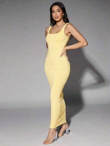 Vestido de tirantes de cuello redondo, vestidos de verano para mujer - Amarillo claro - Ver 3