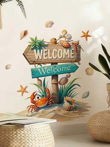 1pc 2D Flat Printed Welcome Sign With Crab, Seashell, Starfish, Seaweed, Wall Sticker, Creative DIY Self-Adhesive Removable Double-Sided Visible PVC Decal For Living Room, Bedroom, Door, Window, Glass Decoration - D - View 2