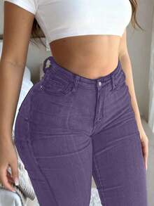 GILIPUR Jeans acampanados de talle alto para mujer estilo Y2K, pantalones vaqueros ajustados de color verde militar vintage, elásticos, elegantes y de moda, fondo versátil y casual para primavera - Morado - Ver 8