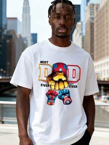 100% Cotton Men's Iron Man Graphic Tee, Best Dad Ever Print Marvel Superhero T-Shirt. Classic Streetwear Casual Tops For Men, Stylish Holiday Daily We - White - View 4