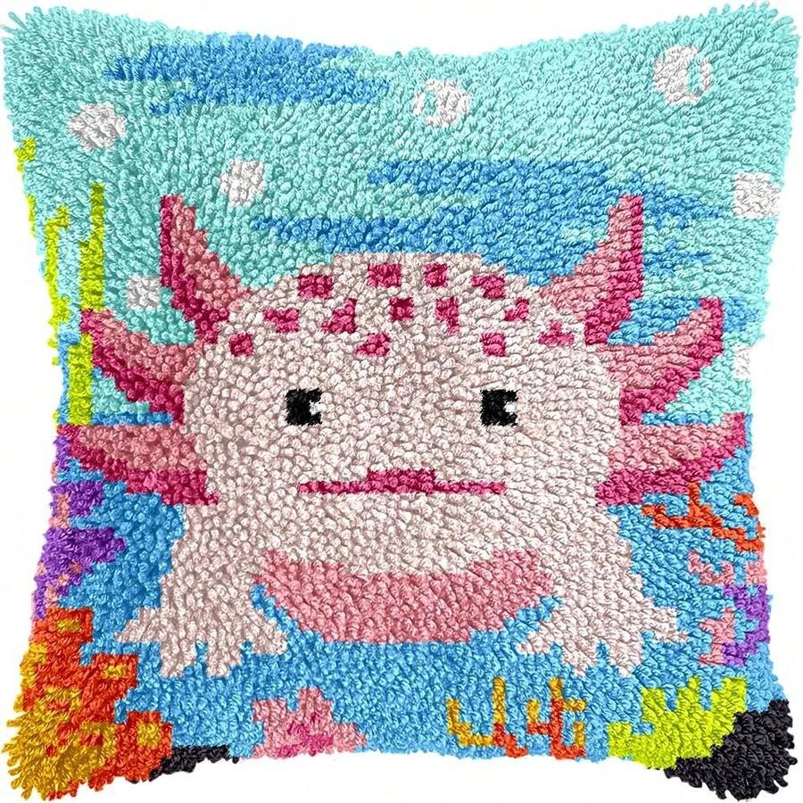 LUDOTEK Colorful Axolotl Hook Kits Adults Beginners Cute Animals Hook Pillow Kit Pre-Printed Hook Rug Kits-Embroidery Cushion Home Sofa Decoration 17x17 In. - Axolotl - View 1