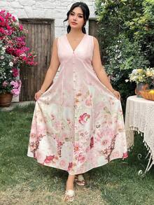 Vestido de verano romántico sin mangas con cuello en V profundo para mujer de talla - Multicolor - Ver 6