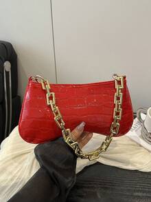 1pc Shiny Solid Gold Chain Decor Underarm Baguette Bag - Burgundy - View 5