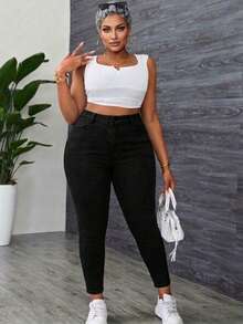 Calça Jeans Feminina Cintura Alta Com Lycra Skinny  Modela o Corpo  Levanta Bumbum Plus size Tam 36 ao 54 - Preto - Visão 4