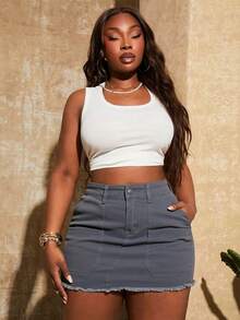 Fitted Cargo Skirt In Washed Blue Denim, Medium Stretch - Grey - View 4