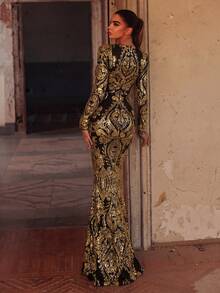 Faeriesty Đầm maxi dài tay dáng đuôi cá đính sequin lấp lánh dành cho nữ, đầm dạ hội trang trọng cổ trái tim thanh lịch, thiết kế tương phản cho đám cưới. - Vàng - Xem 3