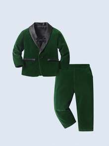 BOARNSEORL Young Boys Velvet Gentleman Suit Set With Bowknot And Long Pants, Fashionable Style, Suitable For Christmas Party, Evening Gala, First Birthday Party, Autumn/Winter - Dark Green - View 2