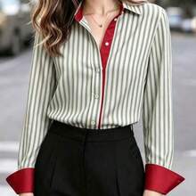 Camisa de mujer de manga larga con cuello, con ribete de contraste rojo, bajo asimétrico, camisa polo de rayas azul marino y rojo, elegante y casual francesa, para uso diario en primavera, color blanco - Verde - Ver 1