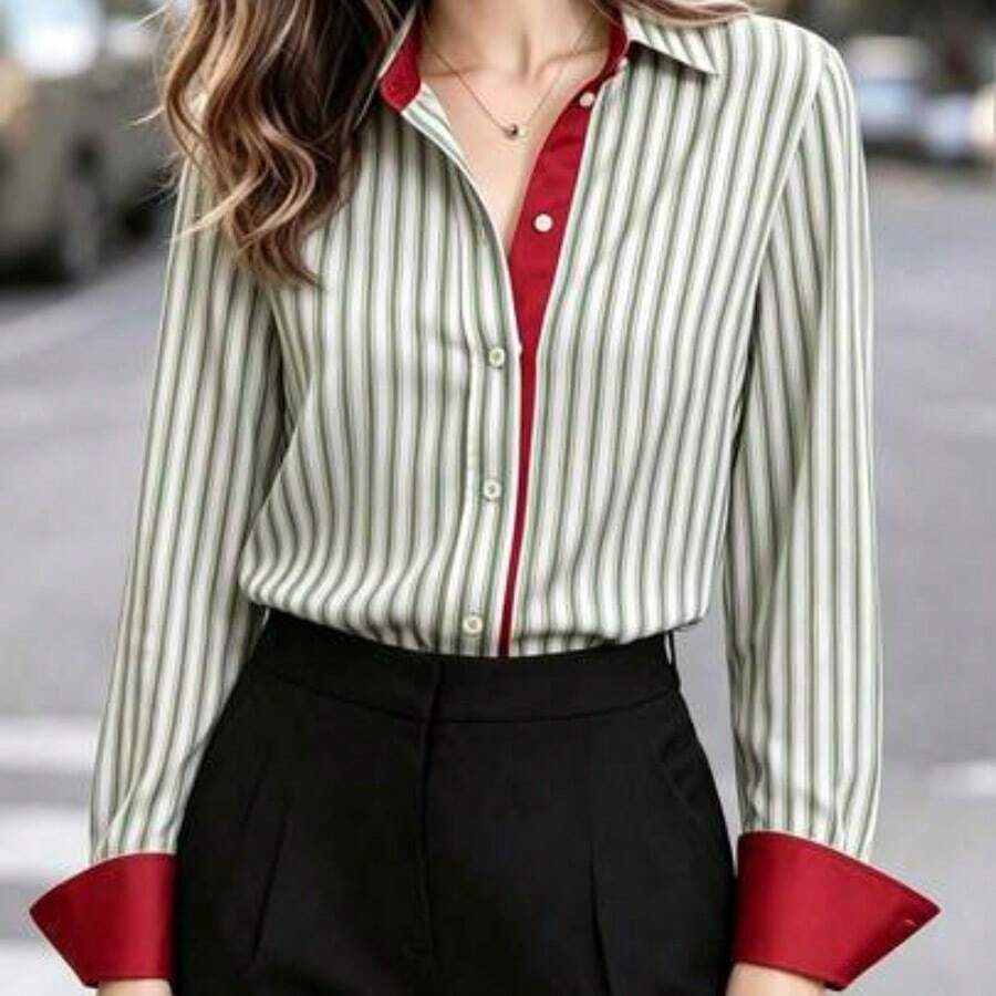 Camisa de mujer de manga larga con cuello, con ribete de contraste rojo, bajo asimétrico, camisa polo de rayas azul marino y rojo, elegante y casual francesa, para uso diario en primavera, color blanco - Verde - Ver 1