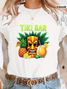 Short-Sleeved T-Shirt With Round Neck And Tropical Tiki Bar Print, Casual Spring/Summer Clothing, Women's Design - Unisex Loose Cotton Short-Sleeved T-Shirt With Round Neck Urban Vintage Style. - 白色 - 查看 2