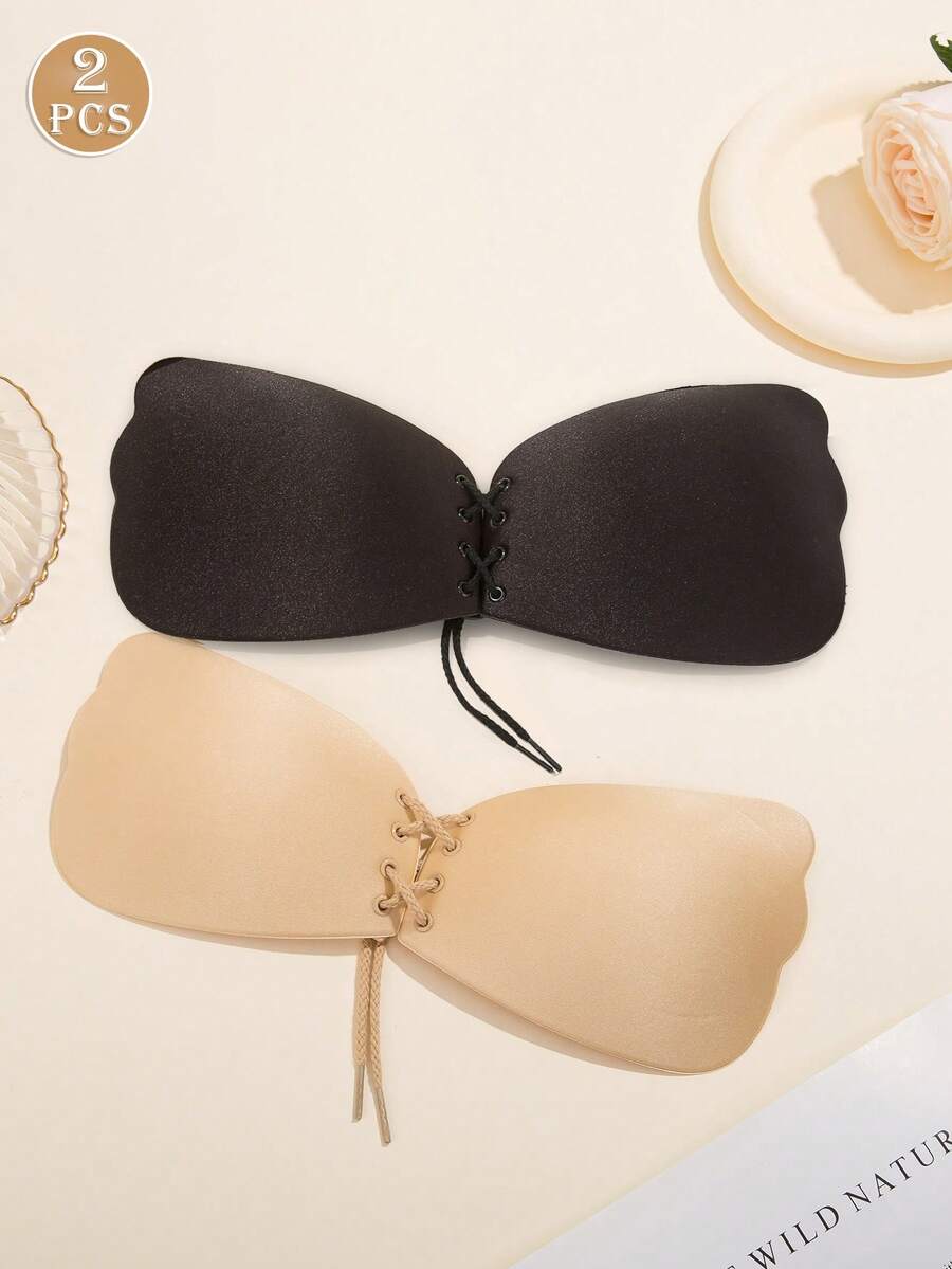 Plus Size 1-2pcs Invisible Self-Adhesive Push-Up Bra, Drawstring Backless Deep V Bra, Lifting Shaping, Full Bust Cleavage