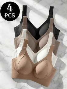 4 Pcs/Set Women's Seamless Solid Color Wire-Free Sports Bra, Providing Gathering And Soft Support, Suitable For Running And Yoga, With Comfortable Wide Straps.,Women's Bras,New Years Outfit Women,4 PSC Of Beautiful Back Soft Support Lifting Seamless Underwear Gathered Breathable Side Breasts Without Steel Ring Bra - Nhiều màu - Xem 1
