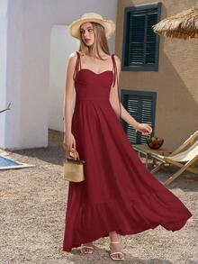 PARTHEA Vestido largo blanco elegante de verano con Body ceñido, escote espalda descubierta, fruncido y volantes - Rojo - Ver 5
