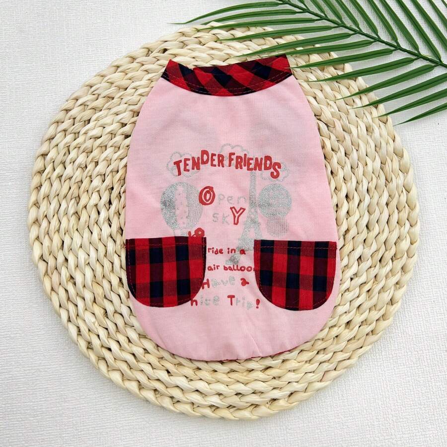 Áo thun in hình tình bạn dễ thương cho thú cưng, áo không tay viền kẻ caro đỏ cho cún con và mèo con, trang phục thường ngày mùa xuân hè. - Hồng - Xem 1