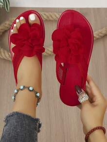Solid Color Fashion Fabric Floral Thong Sandals Beach Vacation - Red - View 1