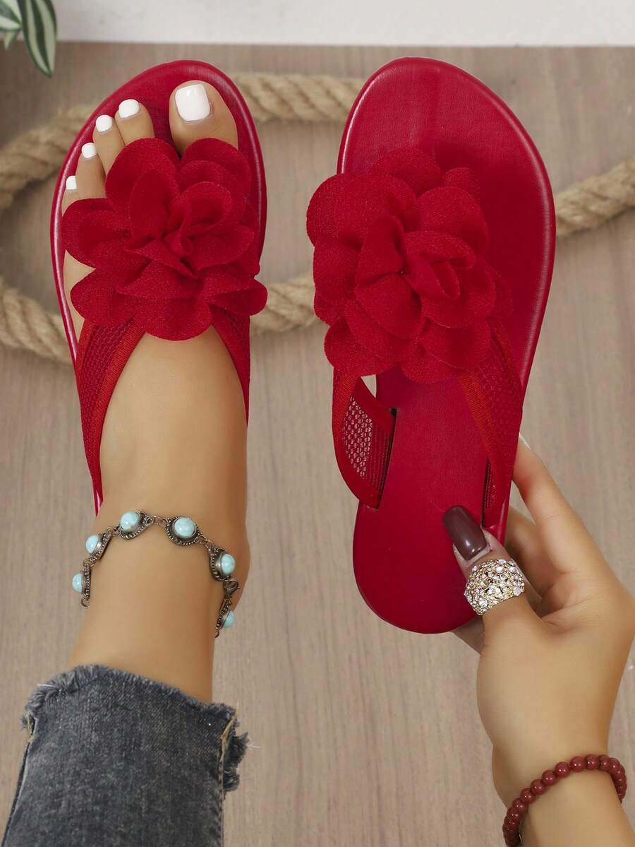 Solid Color Fashion Fabric Floral Thong Sandals Beach Vacation - Red - View 1
