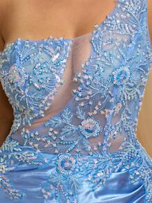 Women's Elegant Light Blue Satin One-Shoulder Dress With Embroidered Sheer Inlay And Mermaid Slit, Suitable For Formal Occasions And Galas Wedding - Light Blue - View 8