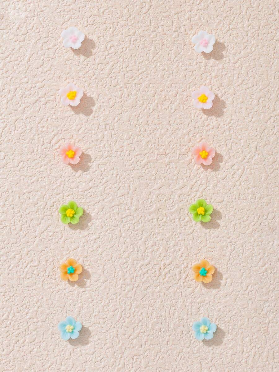 6 Pairs Multicolor Cute Fashion Floral Stud Earrings Set For Women, Suitable For Daily Wear, Dating And Outings, Jewelry Holiday Gift For Friends - Multicolor - View 1