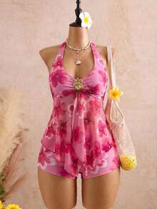 Bellisia Conjunto de traje de baño de dos piezas para mujer con top tankini de cuello halter con lazo y decoración metálica de unicolor y Bottom de bikini triangular, adecuado para vacacione - Multicolor - Ver 1