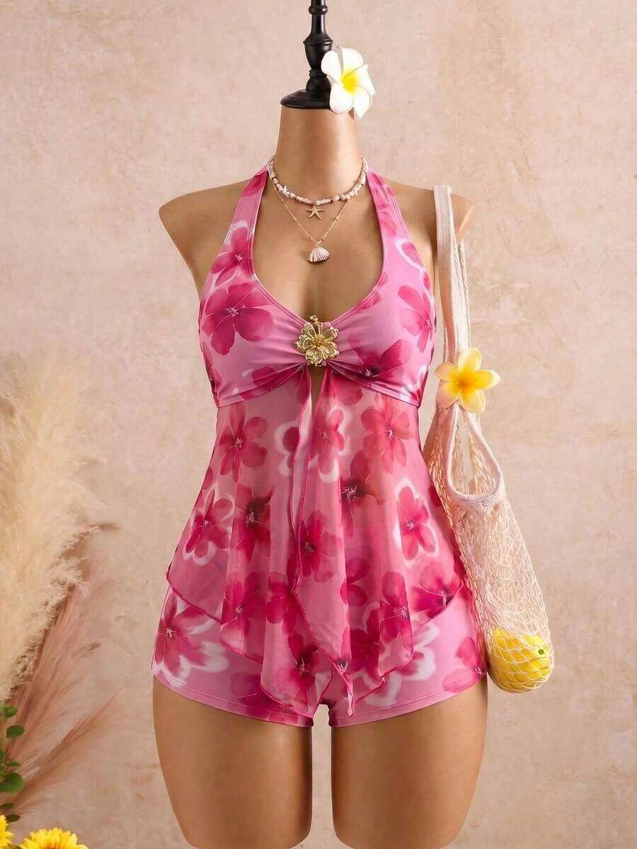 Bellisia Conjunto de traje de baño de dos piezas para mujer con top tankini de cuello halter con lazo y decoración metálica de unicolor y Bottom de bikini triangular, adecuado para vacacione - Multicolor - Ver 1