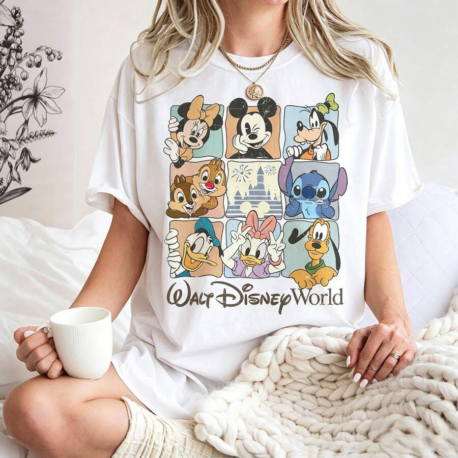 Disney Women's And Men's T-Shirts Vintage Walt Disney World Character Grid Printed Oversized T-Shirts, 100% Cotton Retro Short-Sleeved Casual Shirts, And Graphic Printing T-Shirts For Family Park Trip Matching Outfits - trắng - Xem 1
