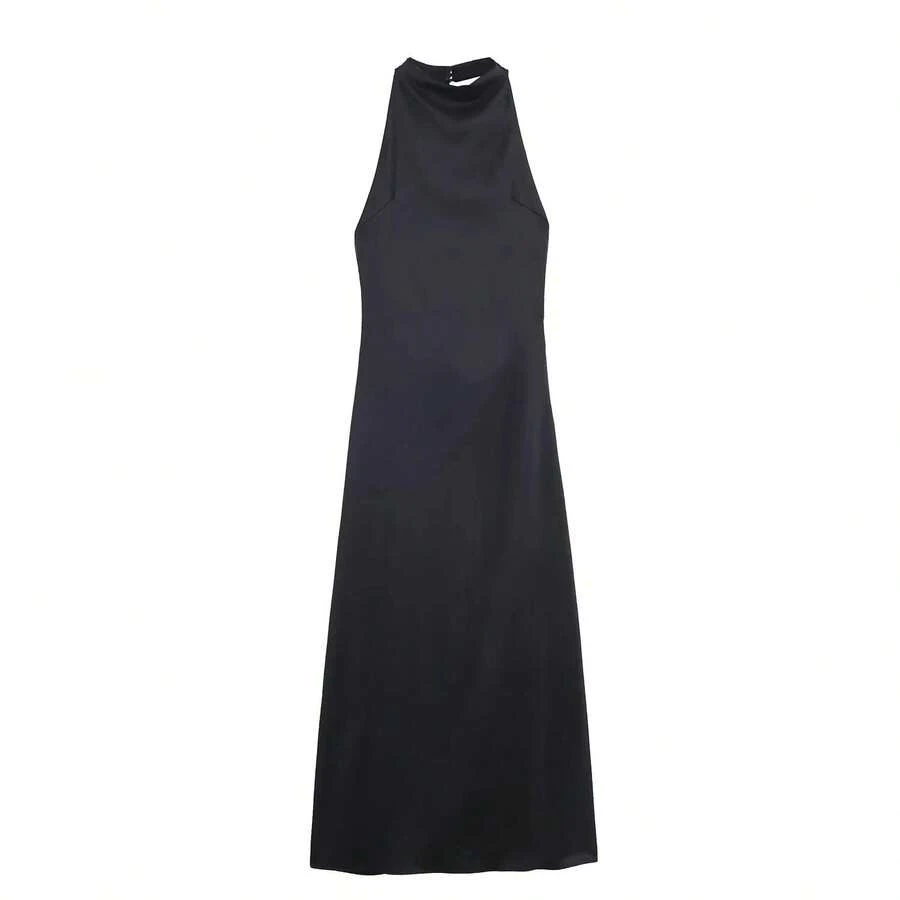 Nuevo Vestido Largo de Satén de Seda con Hombros Descubiertos y Cuello Halter Estilo Vacaciones en la Playa para Mujer, Falda... - Negro - Ver 1