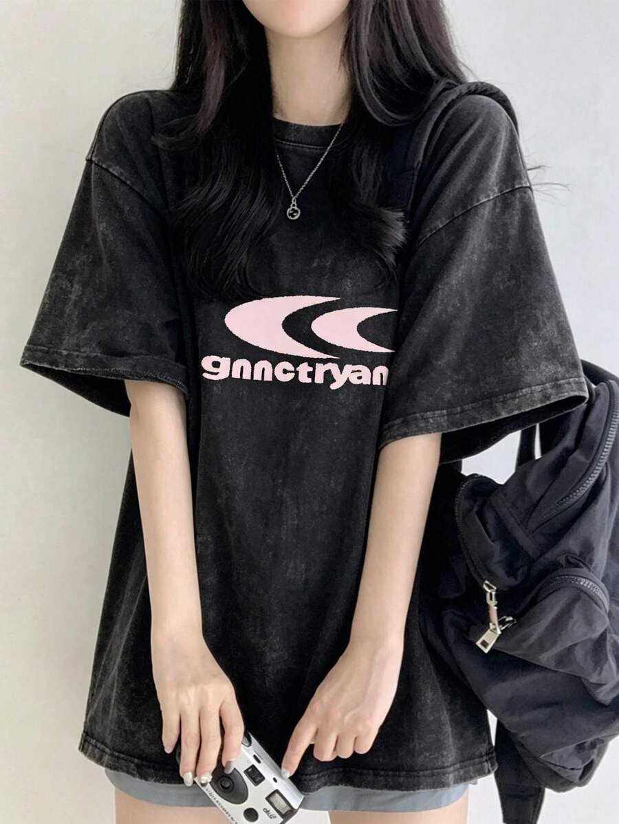 [Water Washed Vintage Short Sleeved T-Shirt] Recommended New Casual And Versatile 100% Pure Cotton T-Shirt For Summer 2026, Women's Fashionable T-Shirt For Summer, Short Sleeved Office Casual 230g Cotton Printed Loose White Top, Y2k Women's Top, Summer Top - Washed Black - View 1