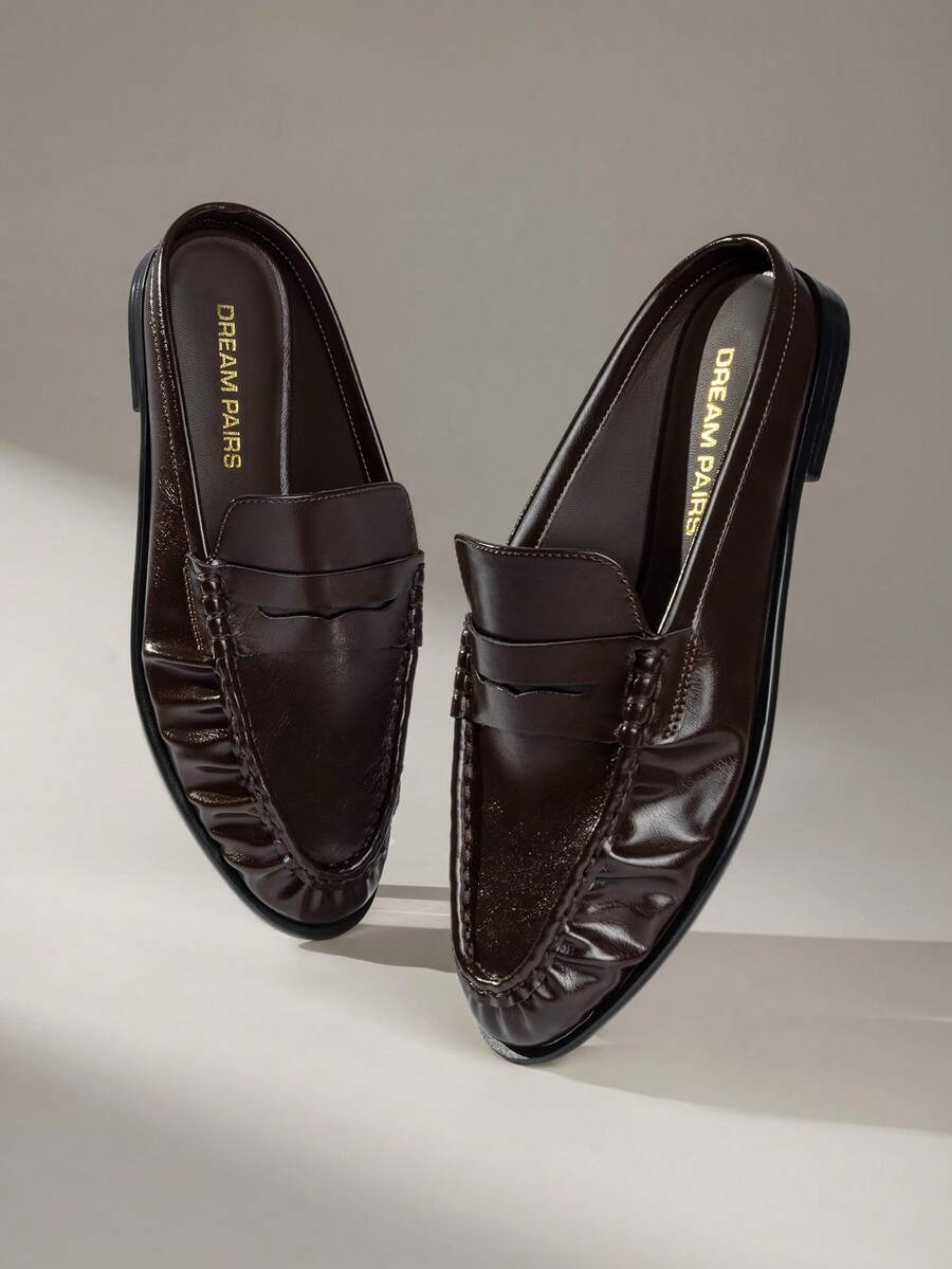 Women Slingback Flats New Retro Mules Slippers Elegant Casual Slip-On Ruched Fashion Commute Flat Shoes - 棕色 - 查看 1