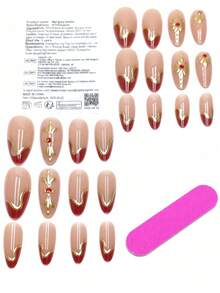 24pcs Kuku Palsu Minimalis Seri Warna Dopamin Merah Batu Permata & Mutiara, Berlapis Emas, Bentuk Almond Sedang dengan Garis Goresan, Cocok untuk Musim Semi, Musim Gugur, Kerja, Sehari-hari, Pesta, Pernikahan, Dilengkapi dengan Gel Jelly dan Kikir, Kuku Palsu yang Dapat Digunakan Kembali dan Dilepas, Perlengkapan Seni Kuku - Burgundy - View 2