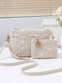 Bộ 2 món gồm ví nhỏ, túi xách đan rỗng họa tiết hoa, dây đeo vai điều chỉnh được, túi đeo vai & túi cầm tay thường ngày phong cách casual, trọng lượng nhẹ - Màu be - Xem 1