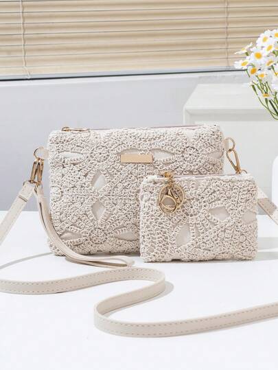 2pcs Set With Small Wallet, Floral Hollow Woven Handbag, Adjustable Shoulder Strap, Casual Daily Shoulder Bag & Clutch, Lightweight