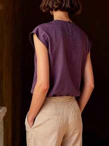 Tops de verano para mujer, nuevos diseños, elegantes y minimalistas, de uso casual y versátil, de unicolor, de manga corta, con cuello redondo, apropiados para ir a trabajar, citas, salidas, vacaciones y atuendos festivos - Rosa Fucsia - Ver 6