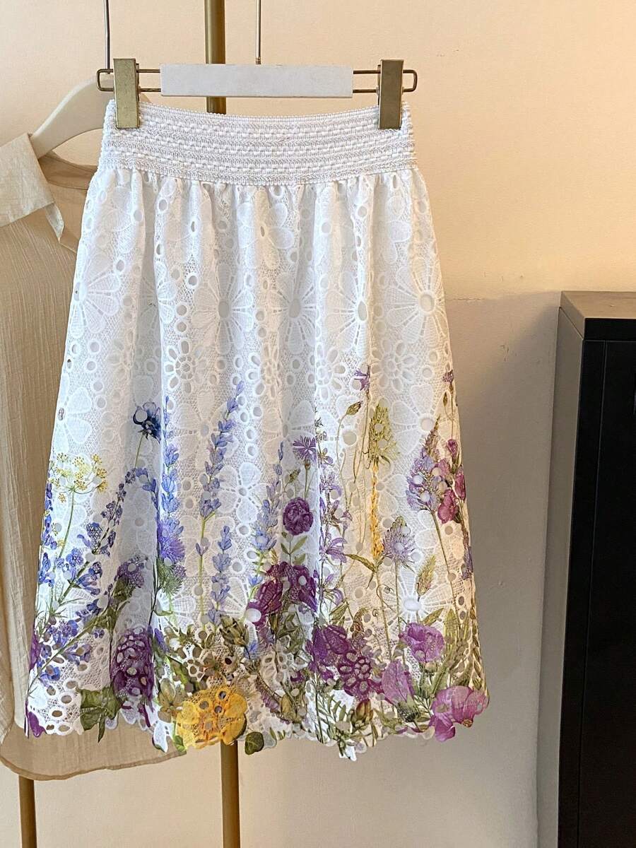 High-Waisted Elastic Skirt With Embroidered Lace And Water-Soluble Print - 紫色 - 查看 1