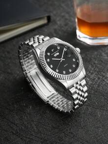 RICECGO 1pc Men's Silver Diamond Quartz Watch, Suitable For Daily Wear, Business Meetings, And Gift Giving - Silver - View 2