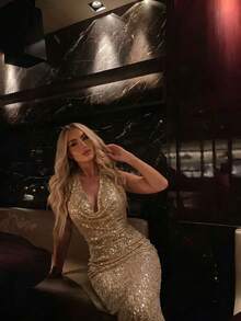 Elegant Romantic Sequin Backless Bow Sequin Splice Women's Dress Fall Wedding Party - Champagne - View 2