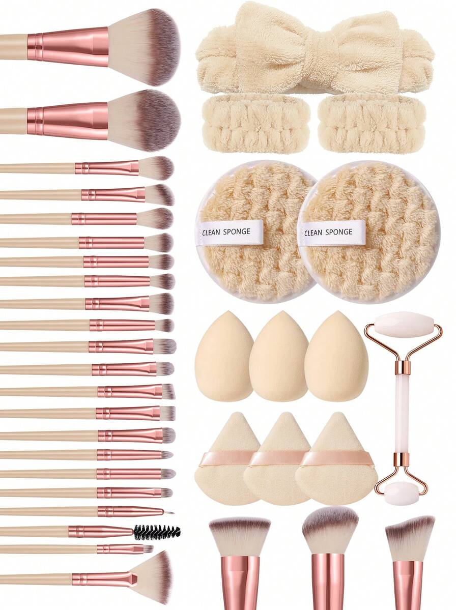 Bộ 37 món cọ trang điểm màu be, cọ sợi tổng hợp siêu mềm kèm mút trang điểm, bông phấn, băng đô spa & con lăn mặt, bộ dụng cụ trang điểm tất cả trong một cho người mới bắt đầu & du lịch - Màu be - Xem 1
