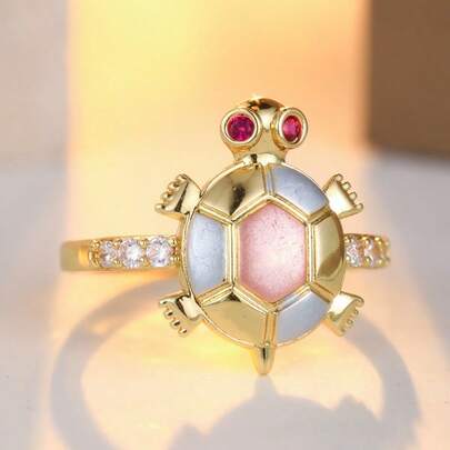 Vintage Playful Women's Ring, 3-Color Turtle Shaped Inlaid Synthetic Cubic Zirconia Design, Vacation Casual Women's Ring