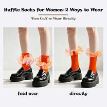 Women Big Ruffle Ankle Socks Adult Fluffy 4-Layer Lace Frilly Socks Fold Cuff Cotton Fancy Ruffled Dress Sock - Orange - 1 Pair - View 7