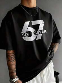 Camiseta de Manga Corta con Estampado Numérico 67, Estilo Casual Urbano para Hombre, Nueva Llegada Verano 2026, para Regalos Diarios, Adecuada para el Verano - Negro - Ver 1