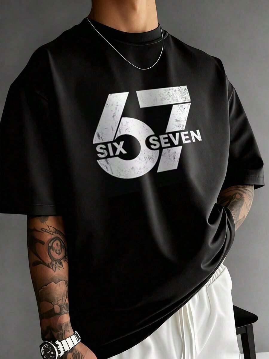 Camiseta de Manga Corta con Estampado Numérico 67, Estilo Casual Urbano para Hombre, Nueva Llegada Verano 2026, para Regalos Diarios, Adecuada para el Verano - Negro - Ver 1