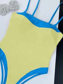 Traje de baño de una pieza con cuello cuadrado y tirantes anchos, efecto estilizante que resalta las curvas del Body, estilo de playa de moda para vacaciones - Amarillo azul - Ver 3